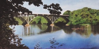Strawberry Mansion bridge over Schuylkill River with oarsman