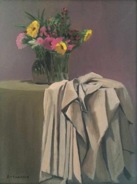 Still life with flowers in vases, drapery over table