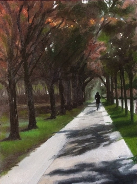 Sidewalk on Parkway with pedestrian in silouette