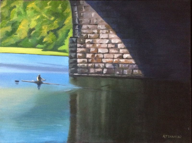 Rower leaving shadow of bridge, entering sunlight